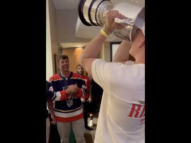 Brady Tkachuk Chugged Out Of Brooks Koepka's PGA Championship Trophy To Celebrate His Brother's Panthers Going Up 3-0 On The Canes bars.tl/3468192