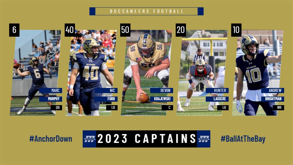 bucs_fball's tweet photo. Your 2023 Massachusetts Maritime Academy Football Captains. Quarterback Marc Murphy, Linebacker Nic Ford, Center Devon Krajewski, Linebacker Hunter Lassere, and Wide Receiver Andrew Brightman. The Schedule for this Coming Season is Out Now! #AnchorDown⚓️ #BallAtTheBay🏈 https://t.co/HW9MdcsPAb