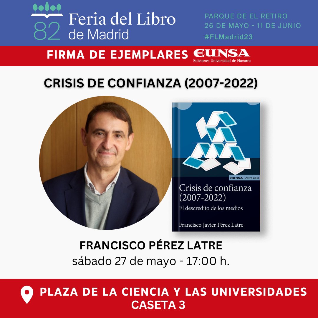 Gracias a la generosa iniciativa de <a href="/EUNSAediciones/">EUNSA Ediciones Universidad de Navarra</a>  estaré el sábado 27 de mayo de 17.00 a 19.00 en la <a href="/FLMadrid/">Feria del Libro de Madrid</a> con motivo de "Crisis de #Confianza".
¡Me alegrará mucho tener la suerte de saludaros en el Parque del Retiro!