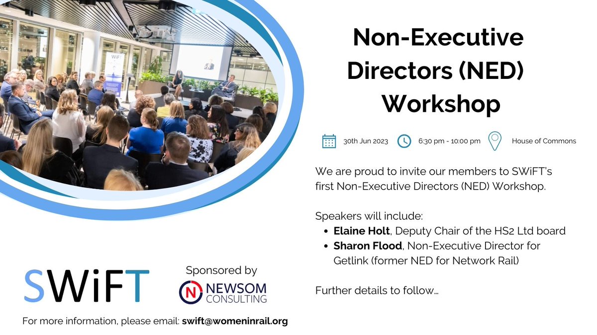 SWiFT are proud to invite our members to our first Non-Executive Directors (NED) Workshop.

This event is sponsored by Newsom Consulting Ltd
Venue and catering supplied by @morgansindall_i  

To access SWiFT events - find out about becoming a member here: lnkd.in/ehm2E7p2