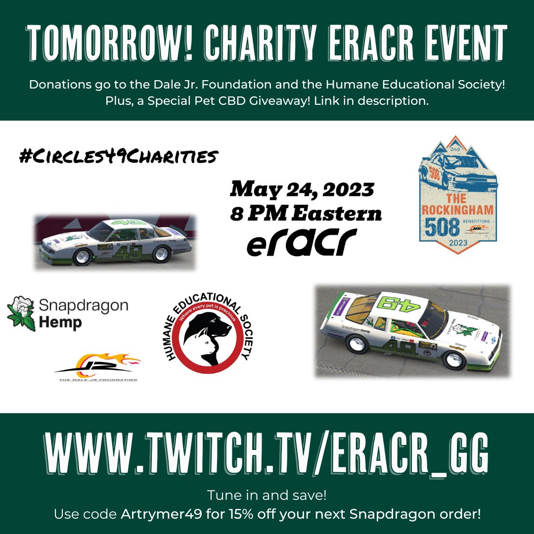 Tomorrow May 24th, at 8 pm EST, we'll be sponsoring an awesome #Rockingham508 iRace event with our friend and Snapdragon affiliate, Art Rymer (@ArtRymer49). We're proud to be sponsoring this virtual event! Donations will go to the Dale Jr. Foundation (@dalejrfoundation) and the…