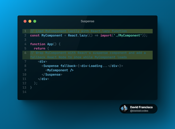 daidaicodes's tweet image. 🚀 Improve User Experience with React Suspense 🚀

Benefits of using Suspense:
👉 Improves UX
👉 Simplifies code
👉 Better performance

In React, Suspense can be used to load components lazily with React.lazy() function. 

 #ReactJS #ReactSuspense #Lazyloading #JuniorDeveloper