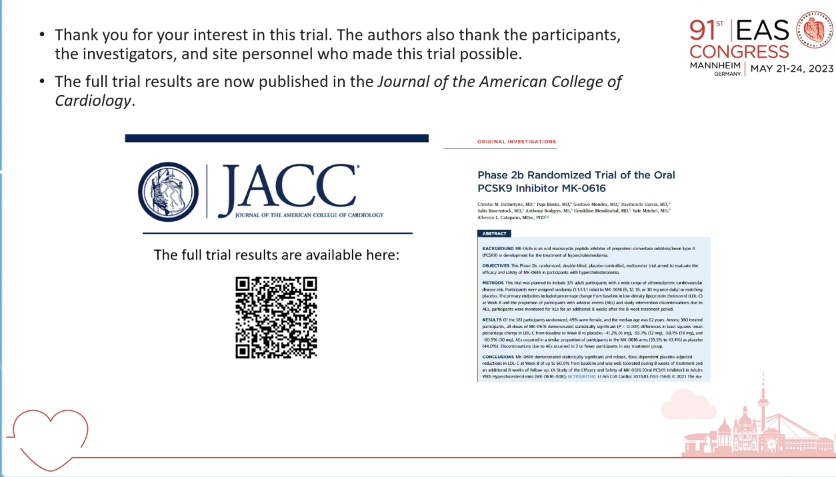 Oral PCSK9i. Well tolerated with 60% of LDL-C.
#EASCongress2023