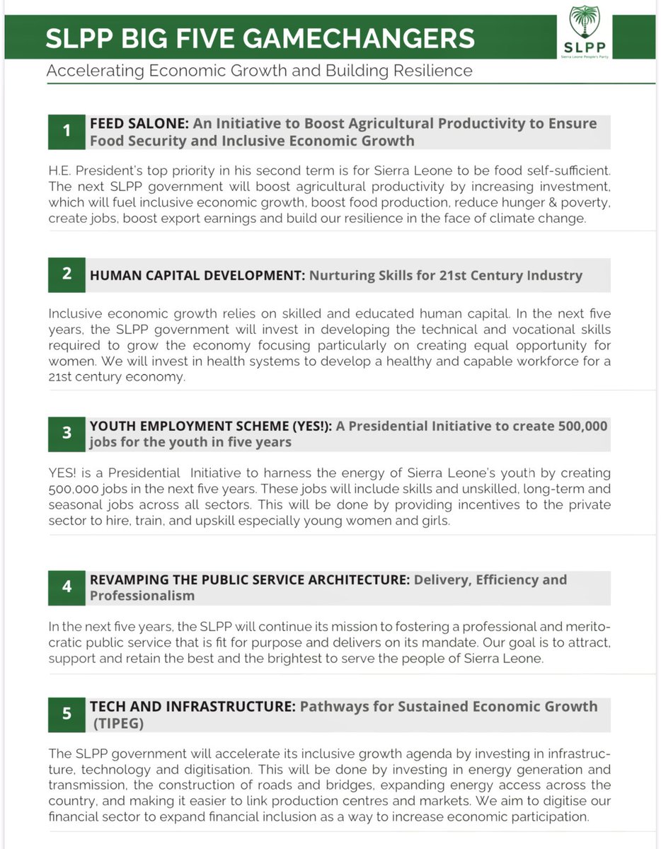 julius_maadabio's tweet photo. THE SLPP PEOPLE’S MANIFESTO 2023 IS ANCHORED ON FIVE KEY THEMATIC AREAS NAMED “THE BIG FIVE”:

1️⃣ FEED SALONE. 

2️⃣ HUMAN CAPITAL DEVELOPMENT FOR NURTURING SKILLS FOR 21ST-CENTURY INDUSTRY. 

3️⃣ YOUTH EMPLOYMENT SCHEME. 

4️⃣ REVAMPING THE PUBLIC SERVICE ARCHITECTURE THROUGH DELIVERY, EFFICIENCY AND PROFESSIONALISM.

5️⃣ TECHNOLOGY AND INFRASTRUCTURE PROGRAMMES TO SERVE AS PATHWAYS FOR SUSTAINED ECONOMIC GROWTH. 

Making progress in these key areas will set Sierra Leone on an irreversible path of sustainable economic development and social progress. 

Together, we can continue the hard work necessary to build a better Sierra Leone with a clear vision of progress and prosperity.

THE FUTURE OF SIERRA LEONE IS ALL OF US. 🌴 

#BIOJALLOH2023

#SLPP4DEVELOPMENT

#SLPPMANIFESTO2023