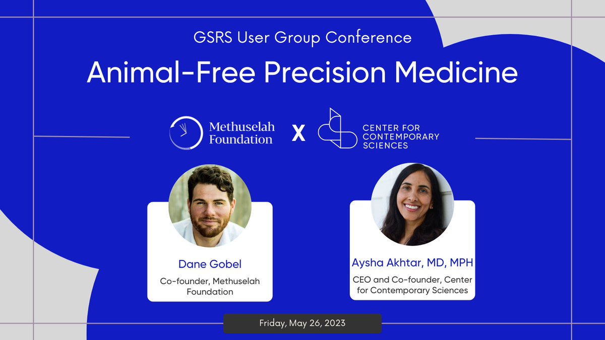 CCS CEO and Co-founder, @DrAyshaAkhtar, and @mfoundation’s Dane Gobel are headed to the GSRS User Group Conference where they will be discussing Animal-Free Precision Medicine.
 
#science #animalfreeresearch #humanrelevant #publichealth #animaltesting
 
web.cvent.com/event/248a2d37…