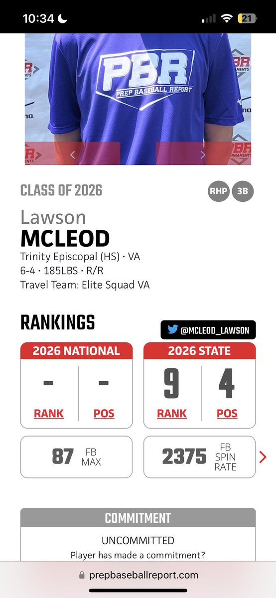 Lawson Mcleod (@mcleod_lawson) on Twitter photo Thankyou @PBRVirginiaDC for ranking me 9th best player and 4th best RHP in the Virginia/DC area. <a href="/tesbaseball/">Trinity Titans Baseball</a> <a href="/EliteSquadVA/">Elite Squad Virginia</a> <a href="/KyleAdamsRVA/">Dr. Kyle Adams, DPT, OCS</a> Thankyou @PBRVirginiaDC for ranking me 9th best player and 4th best RHP in the Virginia/DC area. <a href="/tesbaseball/">Trinity Titans Baseball</a> <a href="/EliteSquadVA/">Elite Squad Virginia</a> <a href="/KyleAdamsRVA/">Dr. Kyle Adams, DPT, OCS</a>