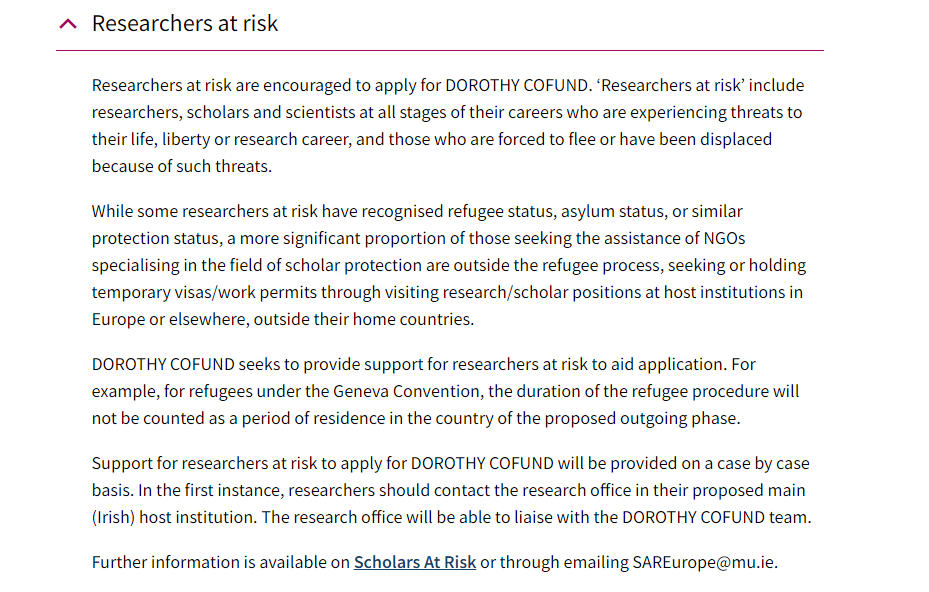 Researchers at risk are encouraged to apply for DOROTHY COFUND. For more information on our #postdoc programme visit dorothy.ie @ScholarsAtRisk @IrishResearch @EPAIreland @hrbireland @MCAA_Ireland @EuraxessIreland