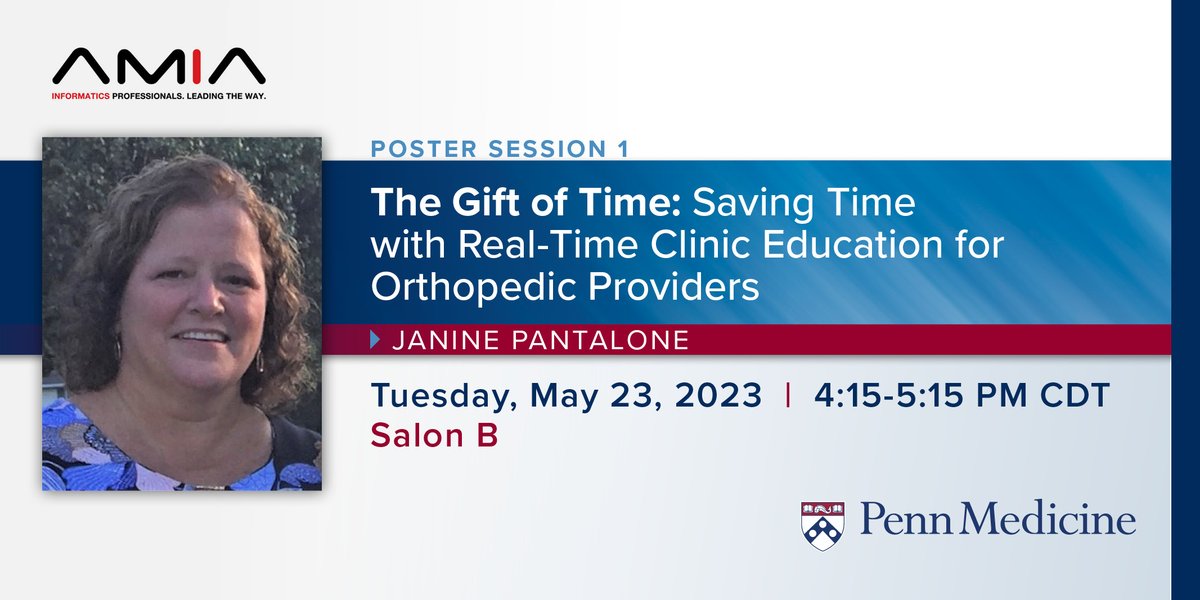 Hello to everyone <a href="/AMIAinformatics/">AMIA</a> #CIC23 today! Stop by the poster session today 4:15-5:15 in Salon B to hear about “The Gift of Time: Saving Time with Real-Time Clinic Education for Orthopedic Providers,” work from Janine Pantalone and <a href="/PennMedicine/">Penn Medicine</a>’s EHR Transformation team.