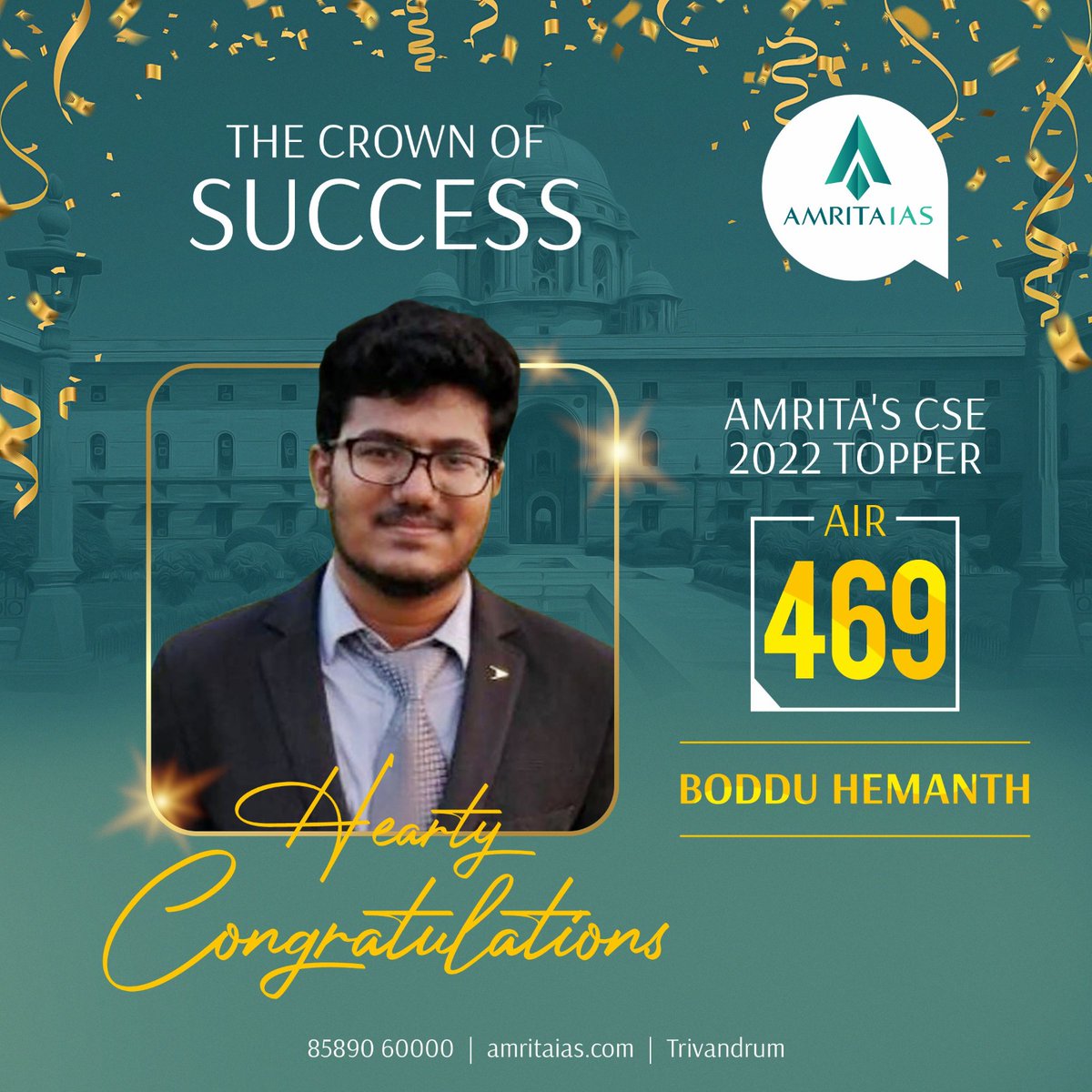 Congratulations to Boddu Hemanth on securing AIR - 469 in UPSC CSE 2022. 

#upscexam #ias #ips #ifs #amritaias #amritaiasacademy #UPSC #upscexam #iasofficer #iasacademy #iascoachingacademy #civilservicesexams #bestiasacademy #pcm #iastoppers #onlinebatch #onlineiasbatch