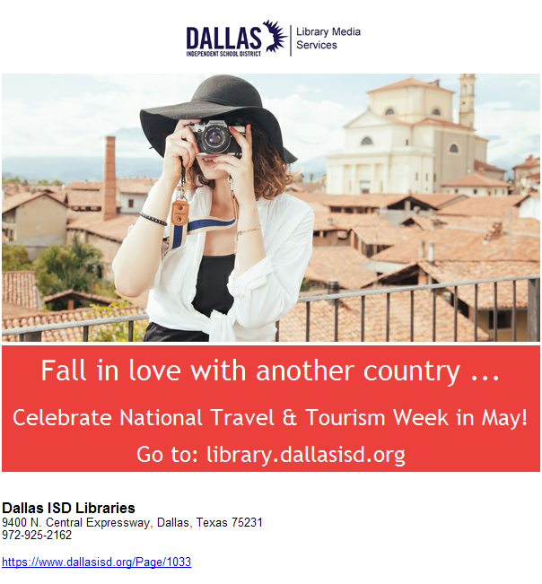 Celebrate National Travel/Tourism Week in May! Why? To expand horizons, cultural immersion, global awareness, personal development &amp; experiential learning opportunities.  Go to: libraryaware.com/2SBRB1 and start traveling with books! @disd_libraries  …