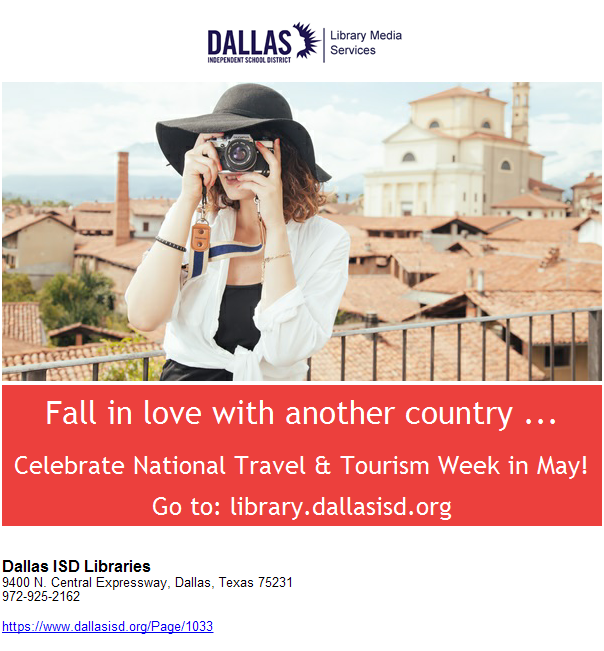 Celebrate National Travel/Tourism Week in May! Why? To expand horizons, cultural immersion, global awareness, personal development & experiential learning opportunities. Go to: libraryaware.com/2SBRB1 and start traveling with books! @disd_libraries …