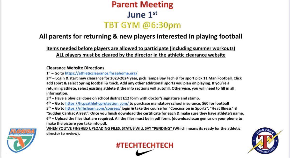 TBTFootball's tweet image. Parent meeting June 1st @ 6:30pm for returning and new players. Get started on this ASAP. We will be starting summer workouts June 7th. 
#techtechtech