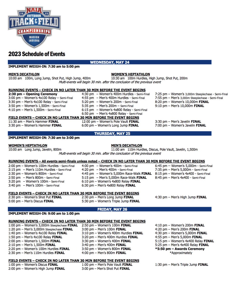 Scoop_DoaneTF's tweet photo. The #NAIATF Championships are set for May 24-26 in Marion, Ind.; here are some key links (all times Eastern)

Meet preview (Doane website): https://t.co/r4ifJDdeCF

Heats/flights/results:
https://t.co/ANIT1hiPae

Video stream (PPV):
https://t.co/OzycHahV5x https://t.co/4BrXIW76na