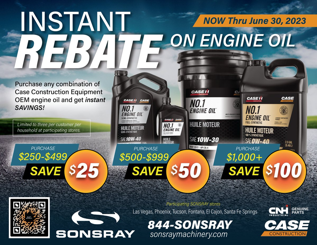 Not only are we striking oil, we're striking deals! Need engine oil!? Purchase any combination of CASE OEM engine oil and get instant savings, contact our participating stores for more information!
#sonsray #ag #construction #agriculture #engine #special #rebate #nv #ca #az #cali