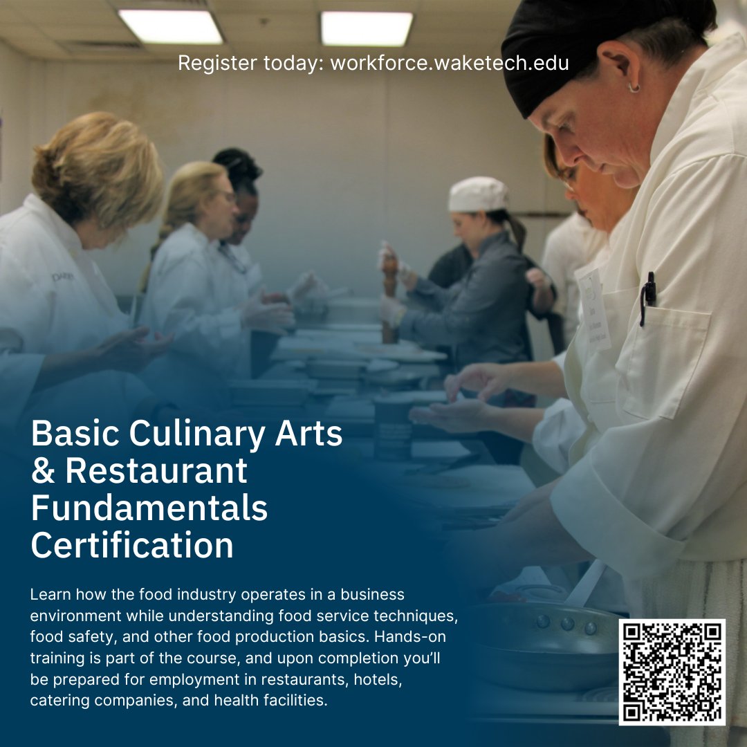 Do you want to build essential skills for work in the culinary/restaurant industry? If so, our Basic Culinary Arts & Restaurant Fundamentals Certification course is for you! Get all the details and register today at bit.ly/3MTd9JK. #TriangleTuesdays #WakeTech #ServSafe