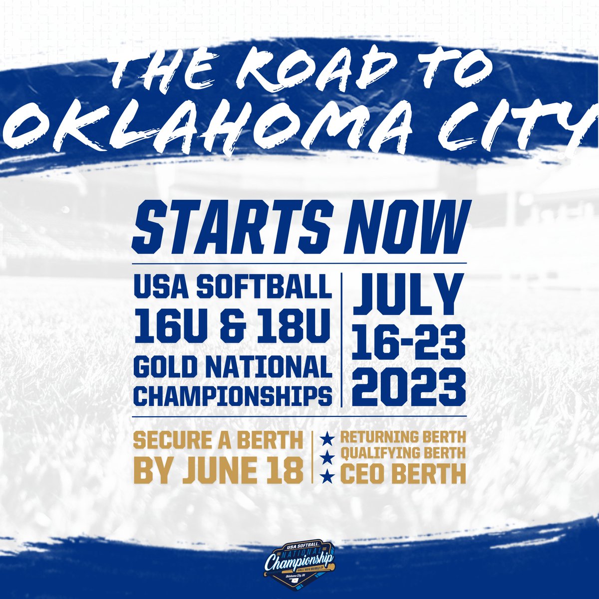 Less than one month to 𝘀𝗲𝗰𝘂𝗿𝗲 𝘆𝗼𝘂𝗿 𝗯𝗲𝗿𝘁𝗵 to the 2023 #GOLDNationals — 𝘸𝘪𝘭𝘭 𝘸𝘦 𝘴𝘦𝘦 𝘺𝘰𝘶 𝘪𝘯 𝘖𝘒𝘊?? 👀

More info 🔗 go.teamusa.org/3lgiY9f

#USASoftball | #TheRoadToOklahomaCity