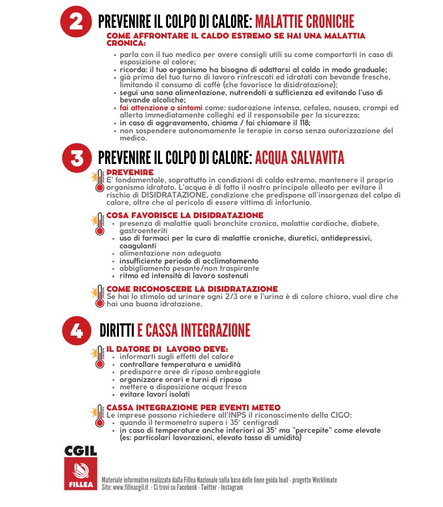 #colpodicalore ▶️ segnali premonitori ▶️ che fare in caso di emergenza ➡ comportamenti da adottare quando lavoriamo (e non solo!) in condizioni di caldo estremo: il #volantino #Fillea. Sul sito filleacgil.net trovi anche note #Inps #Inail #Inl