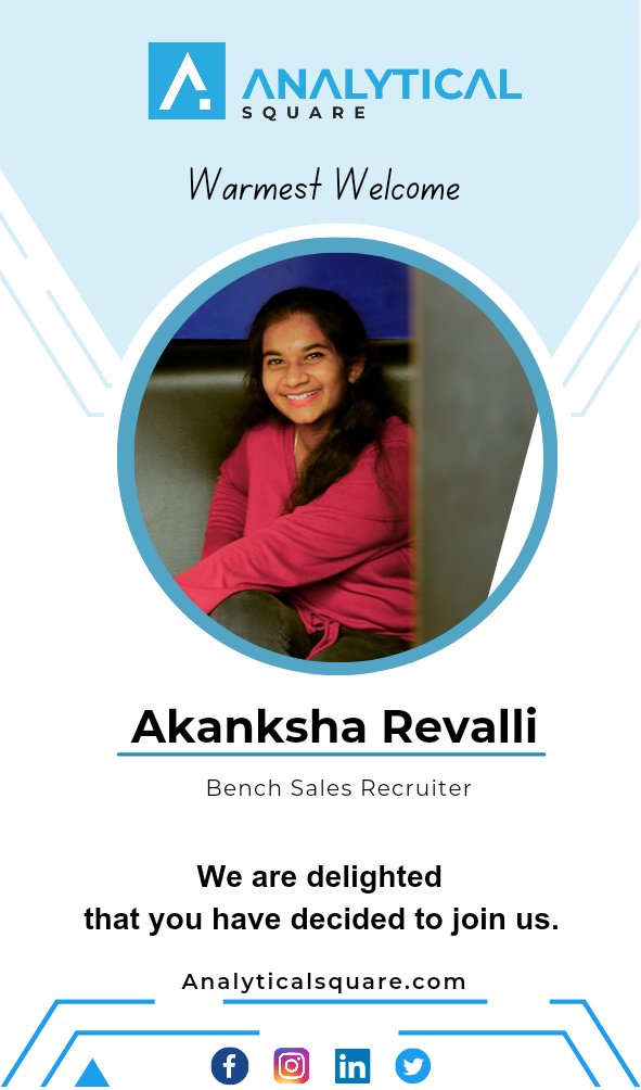 Asquareoffl's tweet photo. Hello all!
Greetings from Analytical Square
Analyticalsquare #welcoming Akansha Ravalli to join our team as #benchsalesrecruiter
We are delighted that you have decided to join us
Expecting a long journey with us
#onboarding #analyticalsquare https://t.co/LplFIg7KWD