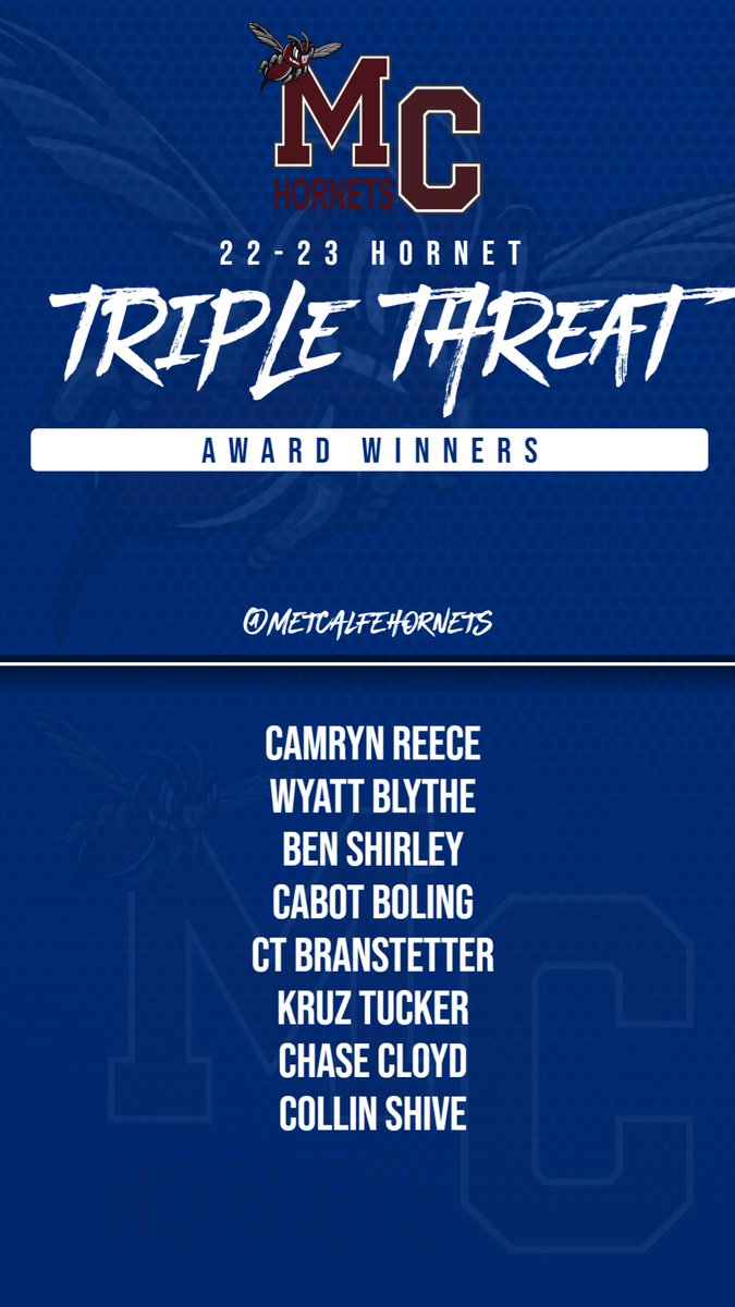 Congratulations to these 2022-23 KHSAA Triple Threat award winners!  These student athletes competed in varsity sports during fall, winter, and spring seasons.  Thank you to all of our student athletes at MCHS!