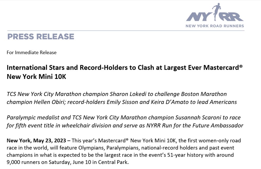 RELEASE: International Stars and Record-Holders to Clash at Largest Ever @Mastercard New York Mini 10K >> nyrr.org/media-center/p…