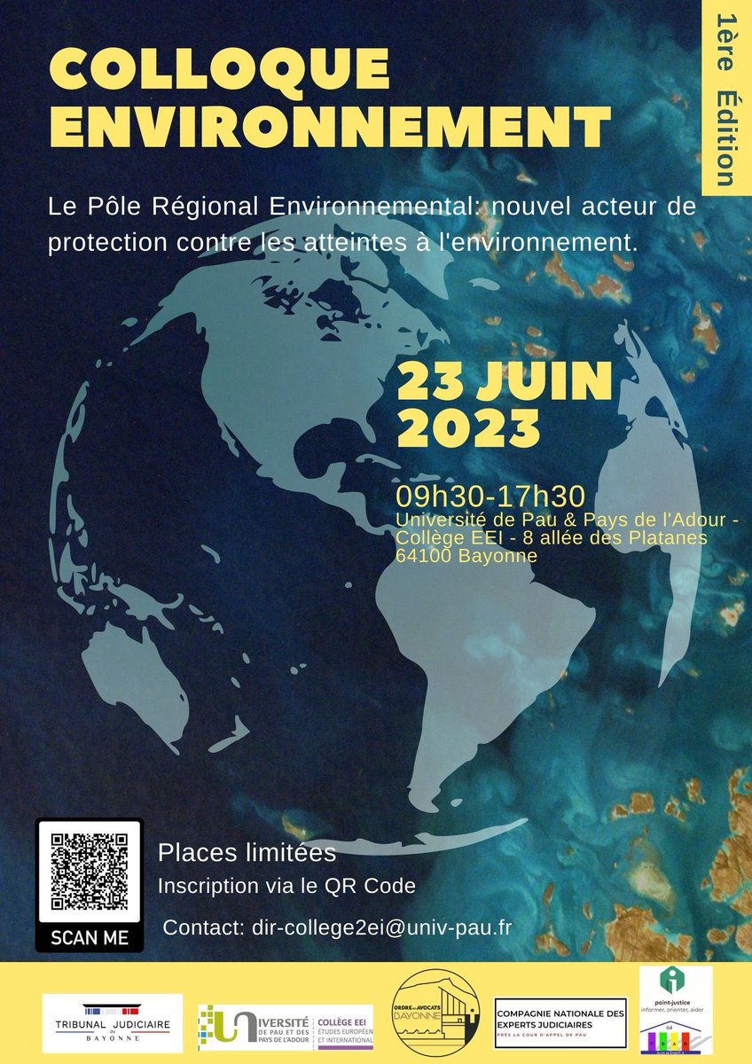 TjBayonne's tweet photo. 📢 Le @TjBayonne en collaboration avec @universite_uppa, la compagnie nationale des experts judiciaires et le CDAD des Pyrénées-Atlantiques, organise la première édition de son colloque environnement le 23 juin 2023 🌿.

Places limitées. 
Inscriptions obligatoires. https://t.co/rdZyYgjnrm