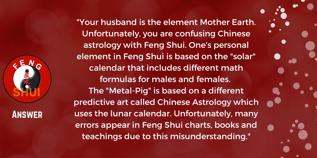 Question: My husband is a Metal Pig but when I looked hia birthday up on your site - he is Earth. In every book that I have consulted and internet information has confirmed that his element is Metal. I was wondering if maybe you have made a mistake? His birthday is March 31