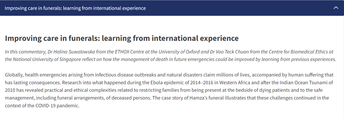Epidemic Ethics colleagues @HalinaSuwalows and Voo Teck Chuan have just published a fascinating new commentary on the ethics of funeral care in the context of public health emergencies, incl. pandemics. Read it here: abdn.ac.uk/sdhp/philosoph…
<a href="/Ethox_Centre/">Ethox Centre</a> <a href="/info_TGHN/">The Global Health Network</a> <a href="/Oxford_NDPH/">Oxford Population Health (OxPop)</a>