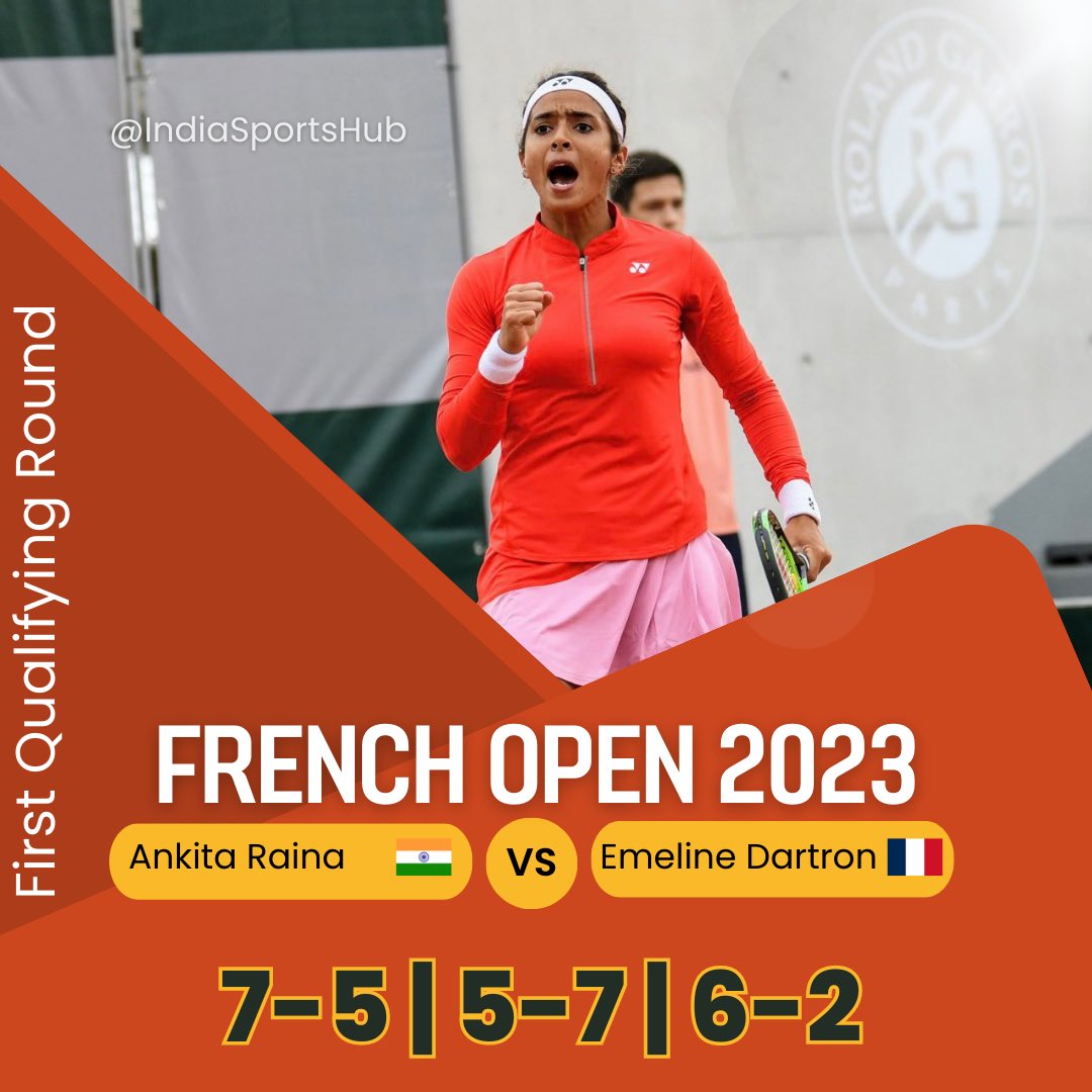 IndiaSportsHub's tweet photo. ANKITA RAINS WINS QUAL RD1
The Indian hope lives another day as India no1 and the only Indian entry at #RolandGarros #FrenchOpen23 makes her way into the second qualifying round
She plays 30th seed Uchijima 🇯🇵 next https://t.co/42BVODIwpQ