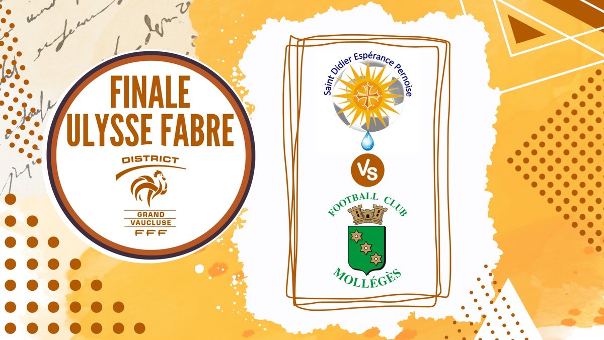 [J-3 FINALE ULYSSE FABRE]
ℹ️ ⚪🟢 Finale 🏆 "Ulysse Fabre" du <a href="/DistGdVaucluse/">District Grand Vaucluse de Football</a> entre #saintdidieresperancepernoise⚪ et #mollegeseygalieres 🟢, ce vendredi 26 mai, au Stade Ulysse Fabre de Vaison.
Coup d'envoi 🕗
😉VENEZ NOMBREUX
✅ Toutes les infos ici 🔽
grandvaucluse.fff.fr/simple/finale-…