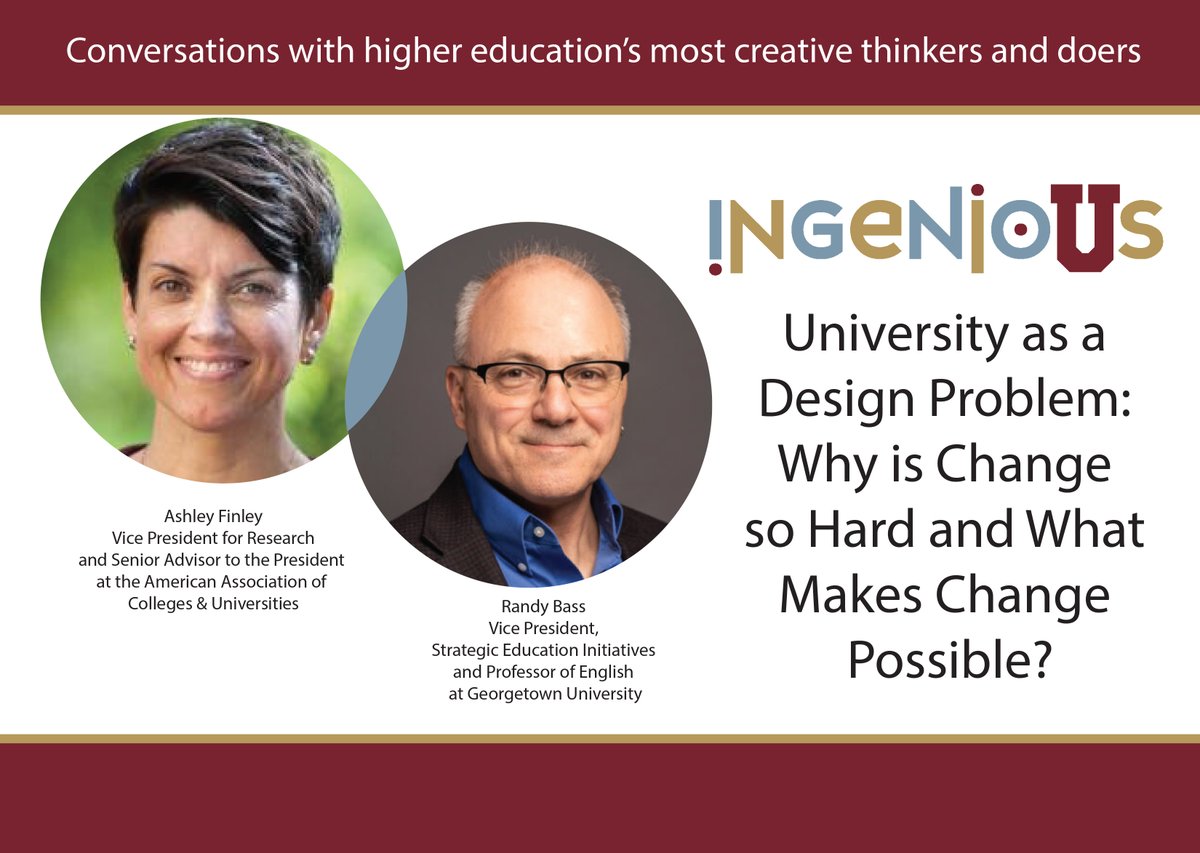 MMorrissOlson's tweet photo. Does change seem to be getting harder these days? Check out my latest IngenioUs conversation with Randy Bass and Ashley Finley to hear their insights about why change is indeed hard and what leaders can do to have an impact. https://t.co/VyOmhiBURD