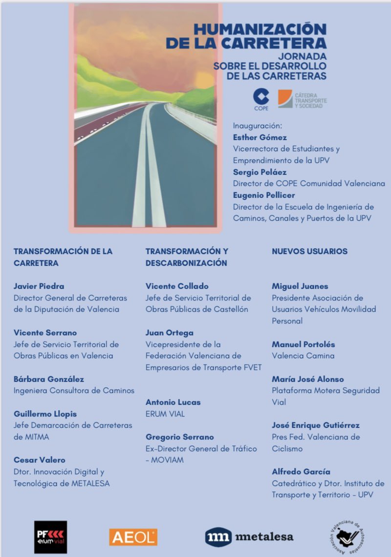 🔶Jornada sobre humanización de la carretera 🛣️

Mañana, 24 de mayo, 9.30h en <a href="/CaminosUPV/">Caminos UPV</a> 

Organizada por <a href="/COPE/">COPE</a> y Cátedra Transporte y Sociedad 

¡Te esperamos!

transporteysociedad.es