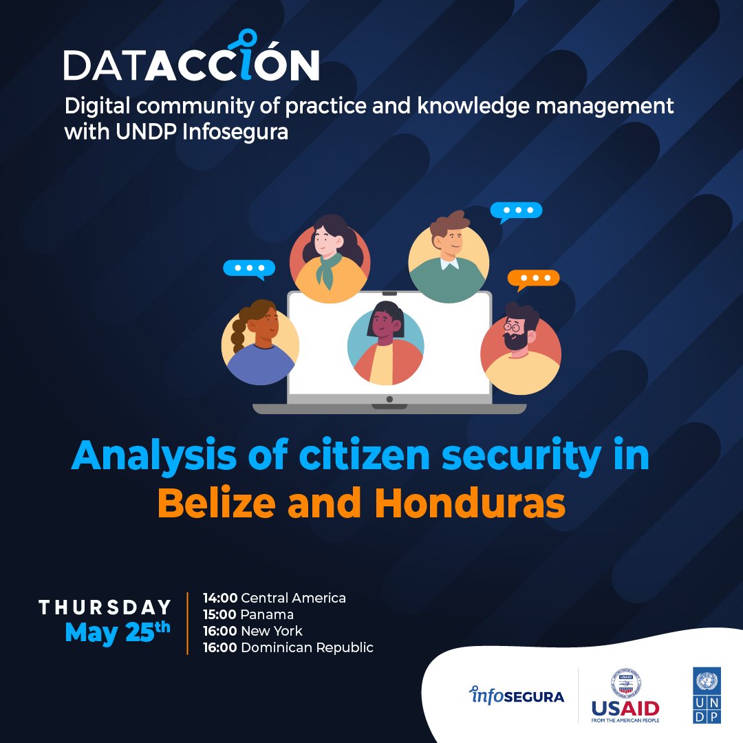 InfoseguraPNUD's tweet photo. 🎙️💻 We are looking forward to seeing you this Thursday May 25 on #DatAction Season Six.
We’re going to discuss the state of #Citizen Security in Belize and Honduras.
Register now at the following link >> https://t.co/0gUsC5ii3n
@BelizeUNDP @PNUDLAC https://t.co/n3S4M0pfCs