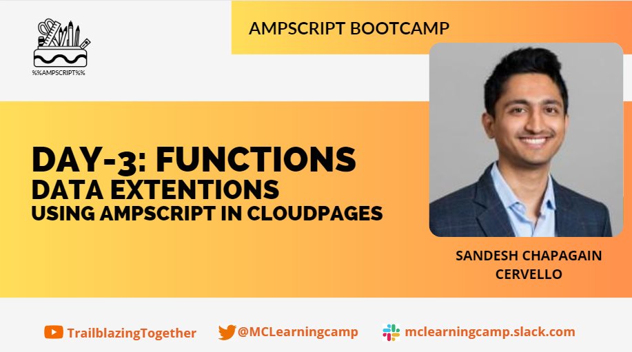 MCLearningcamp's tweet photo. Join us for the 3rd session in the ampscript bootcamp
Agenda: Data Extension Functions and the usage of ampscript in CloudPages by Sandesh Chapagain
When: 5/23/2023, 12 pm ET
https://t.co/UxmWuOPBN2

@jyothsnabitra @marketingcloud #marketingchampions #momentmarketers https://t.co/Ojl3tplUeq
