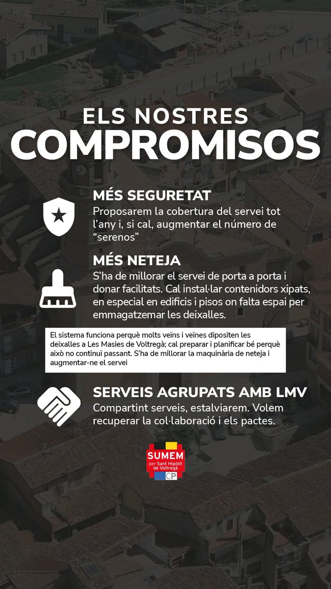 𝐄𝐋𝐒 𝐍𝐎𝐒𝐓𝐑𝐄𝐒 𝐂𝐎𝐌𝐏𝐑𝐎𝐌𝐈𝐒𝐎𝐒 𝐈𝐈  

✚ SEGURETAT
✚ NETEJA
🤝 Agrupar serveis amb Les Masies de Voltregà

Aquest 28 de maig, vota Sumem per Sant Hipòlit! 📩  

#SumemxSHV #EleccionsMunicipals #VotaSumem #28M #Municipals28M #SantHipòlitdeVoltregà