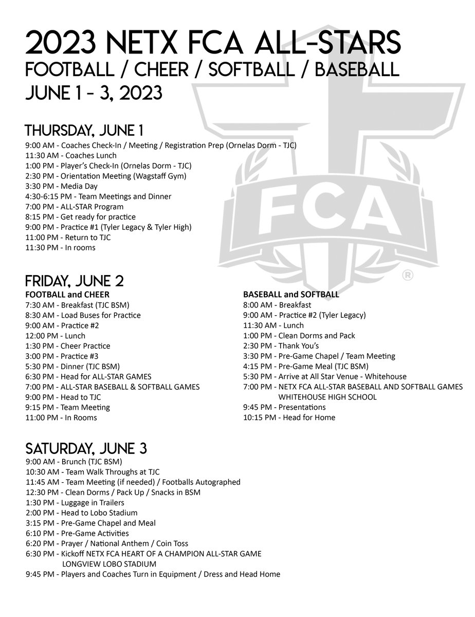 2023 FCA ALL-STARS SCHEDULE
FOOTBALL / CHEER / SOFTBALL / BASEBALL