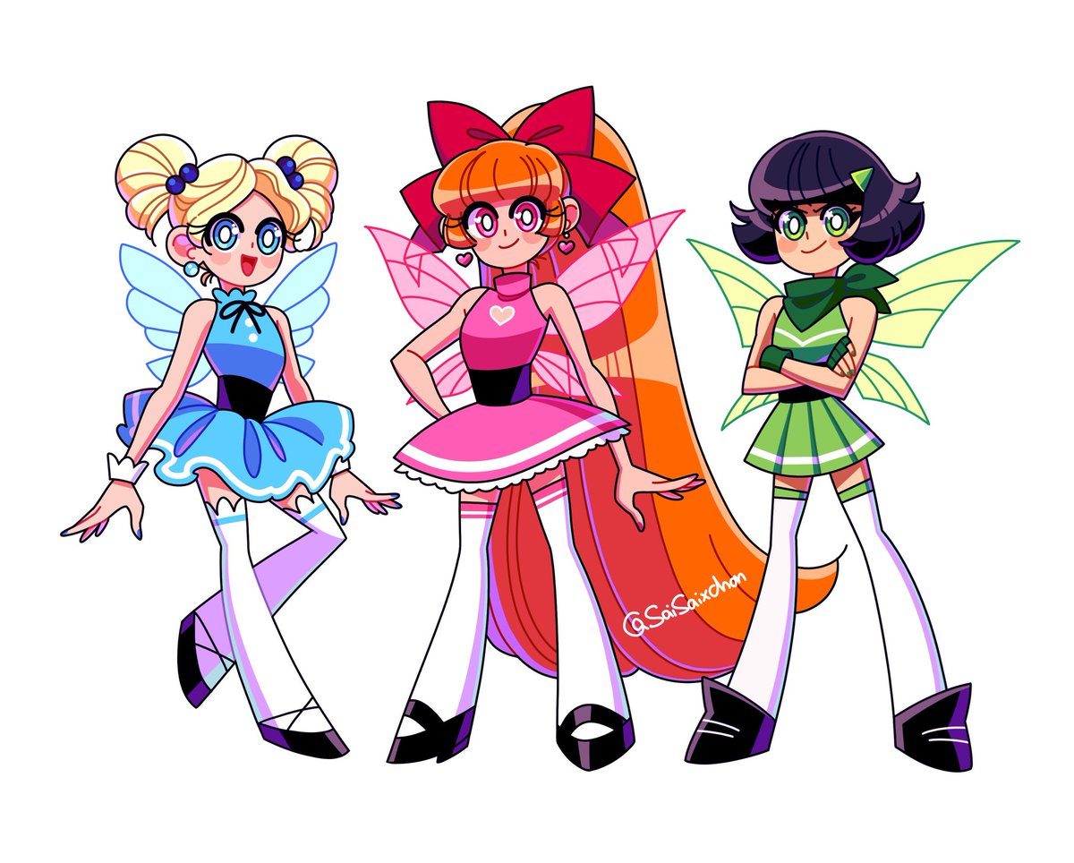 🌸 Blossom, Commander and leader
🫧 Bubbles, joy and the laughter
💥 Buttercup, the toughest fighter

I got inspired by the #PPGZ preproduction art and had to make my own redesign of them 💕 #PPG