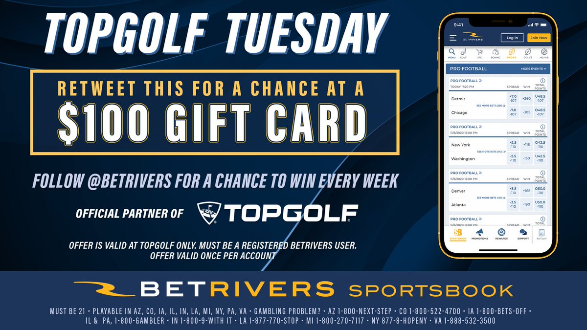 BetRivers's tweet photo. Start your week off with a bang with #TopgolfTuesday💥

Enter for your chance to WIN A $100 TOPGOLF GIFT CARD🤑

How to enter:
1) Follow @BetRivers 
2) Retweet this tweet https://t.co/IAM1vuR21l