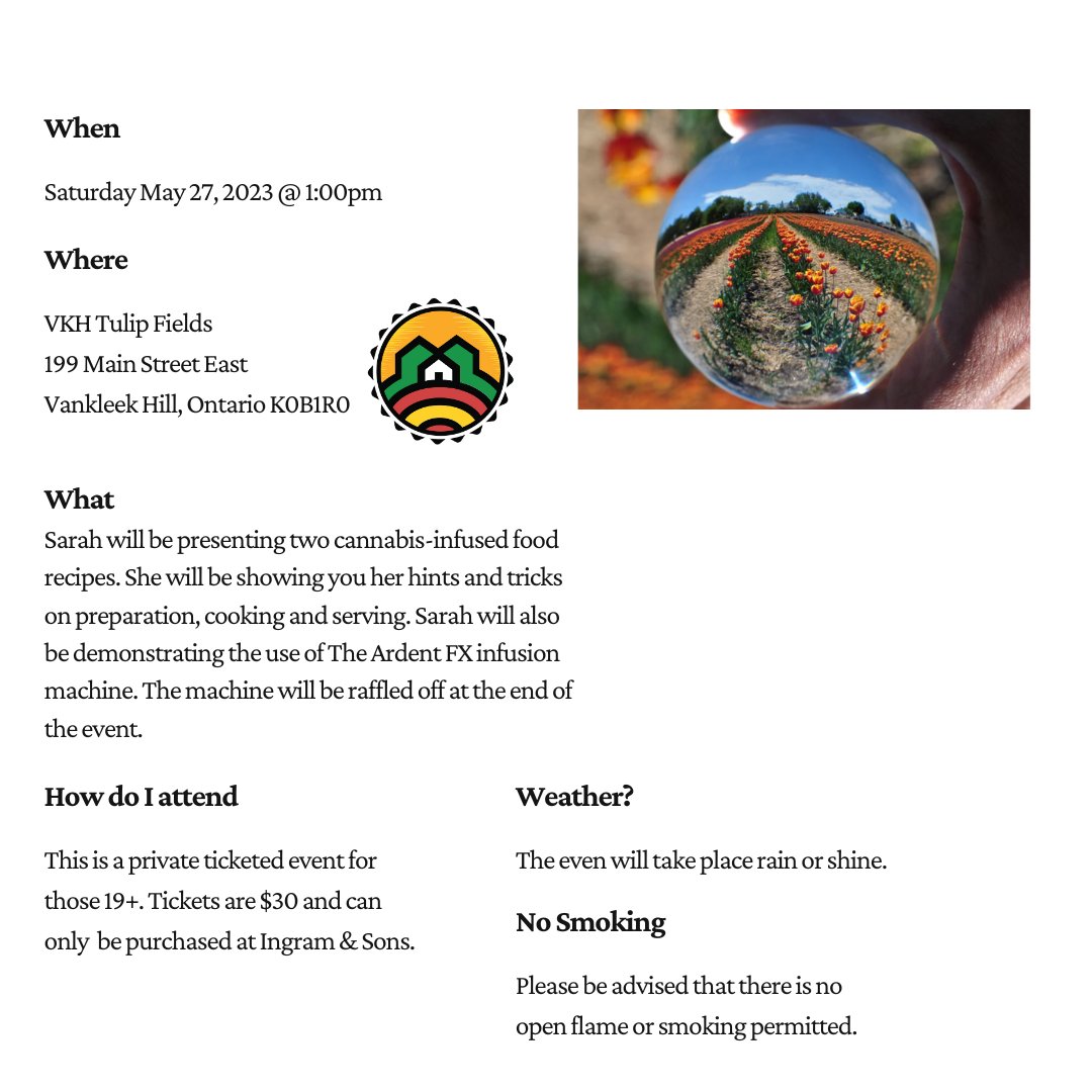 🍽️ Get ready to tantalize your taste buds with a unique culinary experience at Infusion in the fields! Sarah Kelly will share her expertise on cannabis-infused cuisine, and you might even win an Ardent FX! Pickup Tickets in Store. Don't miss out! #CannabisCooking #hionhigh