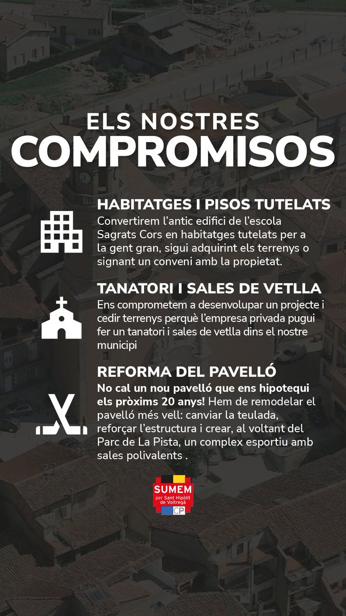 𝐄𝐋𝐒 𝐍𝐎𝐒𝐓𝐑𝐄𝐒 𝐂𝐎𝐌𝐏𝐑𝐎𝐌𝐈𝐒𝐎𝐒 𝐈𝐈𝐈  

🏠 Habitatges i pisos tutelats
⛪️ Tanatori i Sales de vetlla:
🏑 Reforma del pavelló

Aquest 28 de maig, vota Sumem per Sant Hipòlit! 📩 

#SumemxSHV #EleccionsMunicipals #VotaSumem #28M #Municipals28M #SantHipòlitdeVoltregà