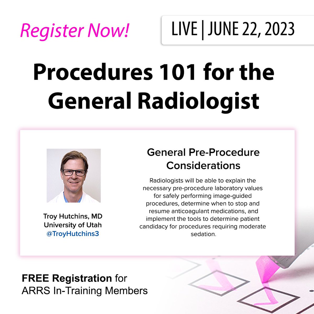 ARRS (@arrs_radiology) on Twitter photo Join Dr. Hutchins (<a href="/TroyHutchins3/">Troy Hutchins</a>) for his module on General Pre-Procedure Considerations, June 22.
Register Now: arrs.org/ARRSLIVE/Educa… Join Dr. Hutchins (<a href="/TroyHutchins3/">Troy Hutchins</a>) for his module on General Pre-Procedure Considerations, June 22.
Register Now: arrs.org/ARRSLIVE/Educa…