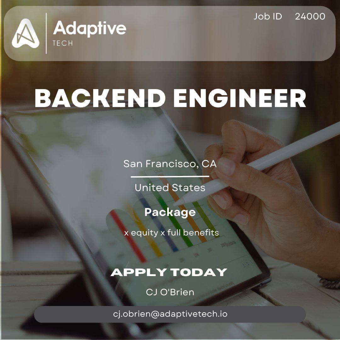 AdaptiveCareers's tweet image. Job Title: Backend Engineer 
Location: San Francisco, CA, USA 
#adaptivetech