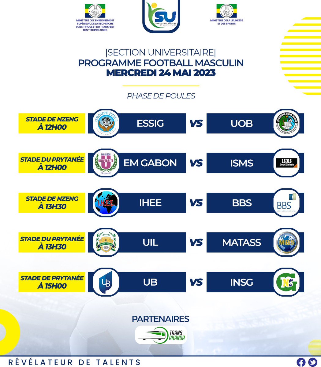 csu_gabon's tweet photo. Le #programme de #compétition dé mercredi 24 mai.

Ce sera une très belle journée de compétition avec le début également du #volley.

@SportGOUVGA 
@gegepog 

#Gabon #Sport #detection #university https://t.co/oFnLSuETG2