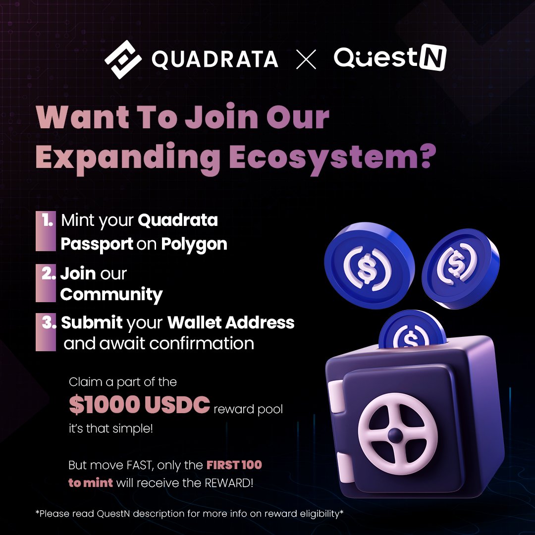 QuadrataNetwork's tweet image. Are you ready to step into Web3 with Quadrata? 🚀

Be one of the first 100 to mint your own Quadrata Passport to claim a part of our 1000 USDC reward pool! 🥇

Get started below on @QuestN_com 👇

bit.ly/428TBG0  

#Web3 #DigitalIdentity #QuestN