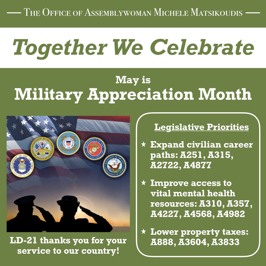 In May, we recognize #MilitaryAppreciationMonth and thank our servicemembers for their bravery and sacrifice! It’s a true privilege to advocate for legislation designed to support veterans and military families all across New Jersey. 🎖️