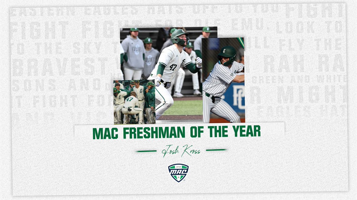 EMU_Baseball's tweet photo. 🏆𝗙𝗥𝗘𝗦𝗛𝗠𝗔𝗡 𝗢𝗙 𝗧𝗛𝗘 𝗬𝗘𝗔𝗥🏆

Following an incredible first year in Ypsilanti, Josh Kross has been named the @MACSports Freshman of the Year 🎉👏

He is the third player in EMU history to earn the honor 👀⚾️

📰https://t.co/7LPzpGhN8S

#EMUEagles | #EMUBats https://t.co/Mi60ePhIao