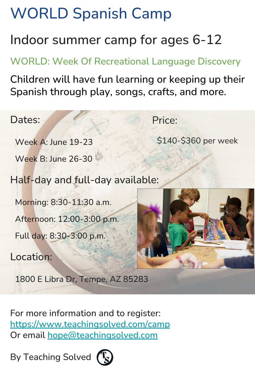 TeachingSolved's tweet photo. Spanish camp for your 6-12 year old! Beginners OR kids who have some Spanish. Our teachers from the bilingual program in a local district have lots of fun activities planned. Register: https://t.co/aqYhEMY2qJ #Tempe #Phoenix #Chandler #Mesa #Gilbert #Arizona #Summer #SummerCamp https://t.co/6zvFZ5fOyx