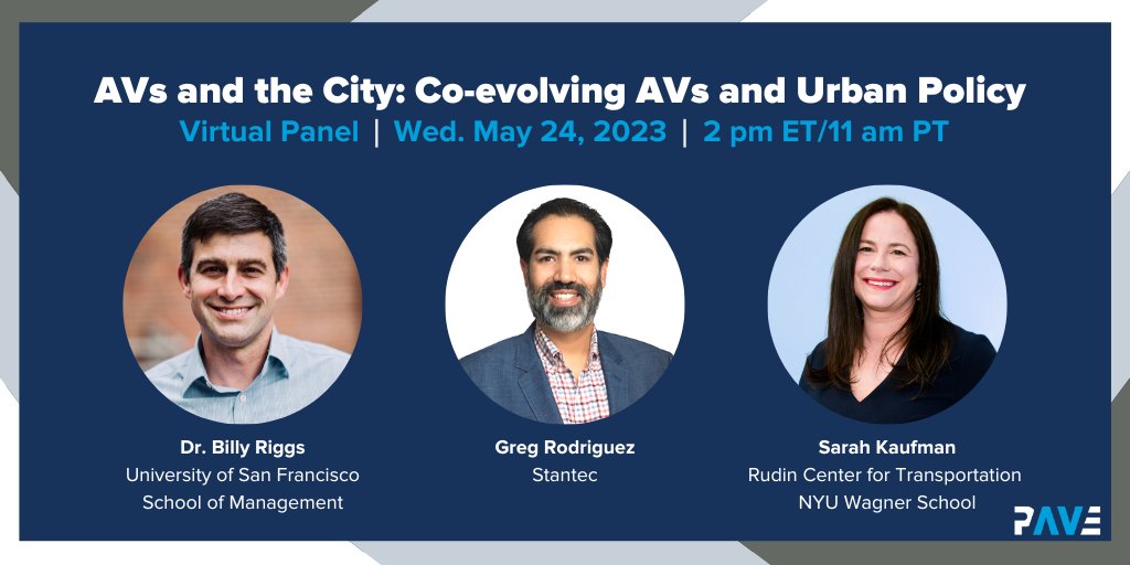 Join us tomorrow at 2pm ET for our next #PAVEpanel - “AVs and the City: Co-evolving AVs and Urban Policy' with @Stantec's @smartertranspo, @USFSOM's @billyriggs and @NYURudin's @sarstar.

Register here: bit.ly/3NYsrhD
