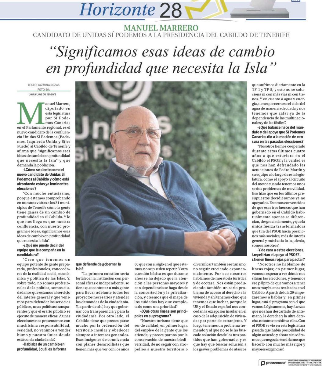 manolomarrerom's tweet photo. 🫶🏼Unidas Sí Podemos es el único partido que priorizará el interés general de los tinerfeños y tinerfeñas. Esta es nuestra promesa y nuestro compromiso. 
@diariodeavisos ha recogido,en una entrevista,algunas de nuestras ideas para el @CabildoTenerife #otraformadegobernaresposible https://t.co/BoNyJg46z2