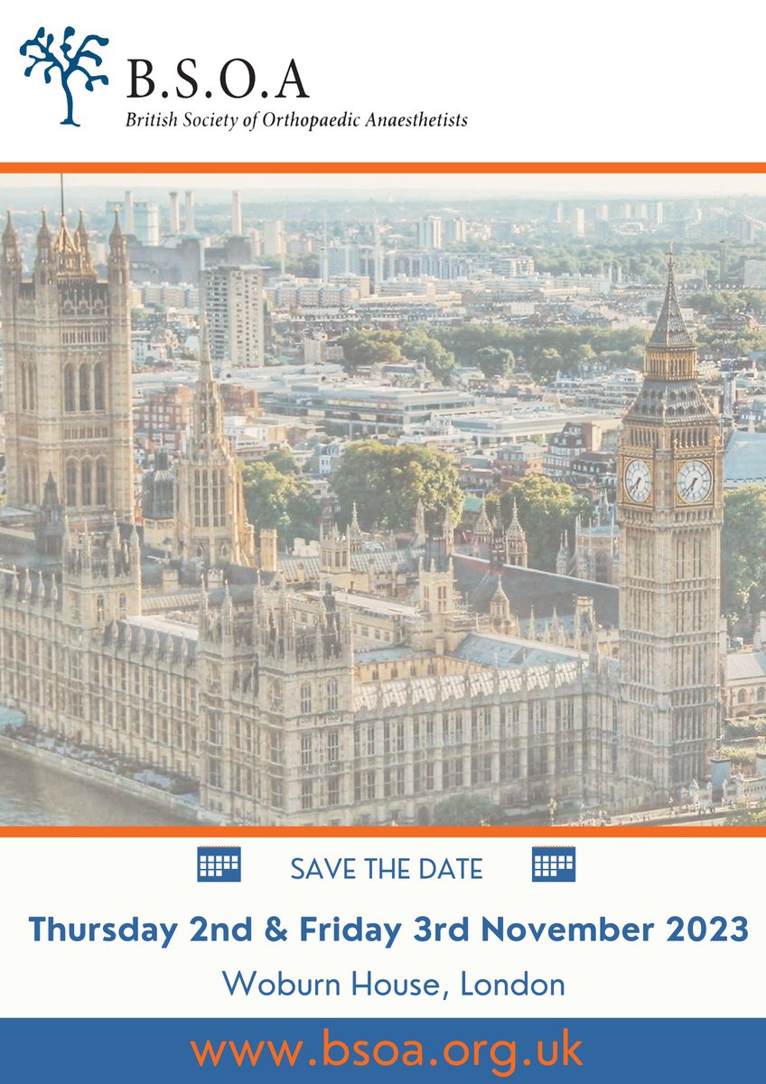 We are pleased to announce that our Annual Scientific Meeting 2023 is scheduled for Thursday 2nd &amp; Friday 3rd November at Woburn House, London.

#BSOA23 #BSOA #Orthopedics #MEDICALCONFERENCE #anaesthesia #london #medical #conference