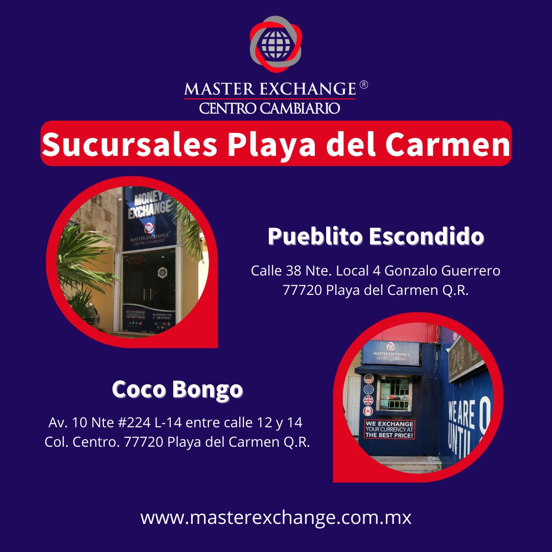 master_exchange's tweet photo. Estas son nuestras 2 sucursales actuales en Playa del Carmen. 🏝️
#MasterExchange #PlayaDelCarmen #CentroCambiario #Dólar https://t.co/dSN8hpLfaf
